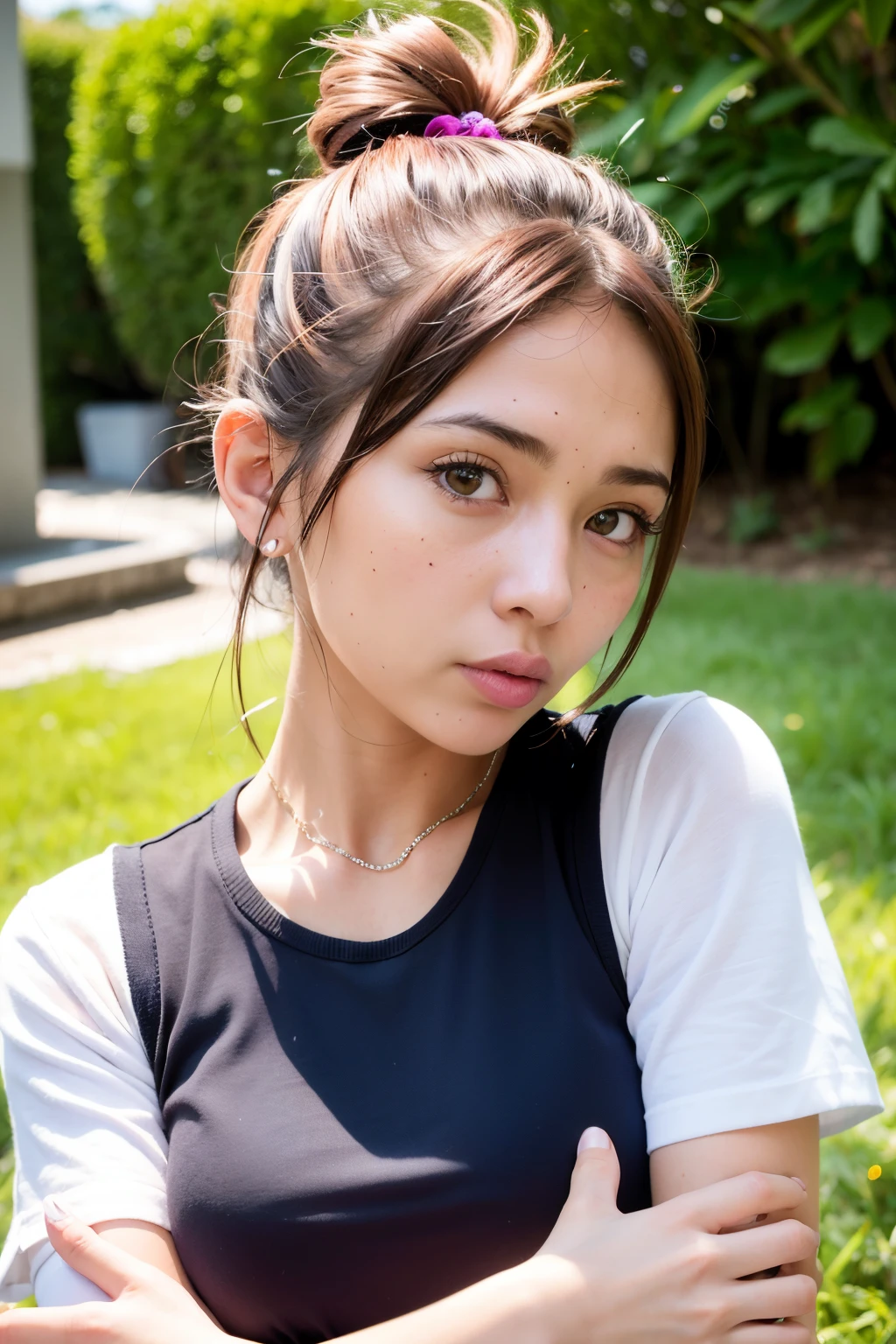 La mejor calidad, ultra-high-resolution, (fotorrealista:1.4), 1girl, Camisa blanca sin hombros, Falda negra ajustada, Gargantilla negra, (bollo desordenado gris ceniza descolorido:1), faded ash gray hair, (senos grandes:1.2), Mirando al espectador, Closeup,
,