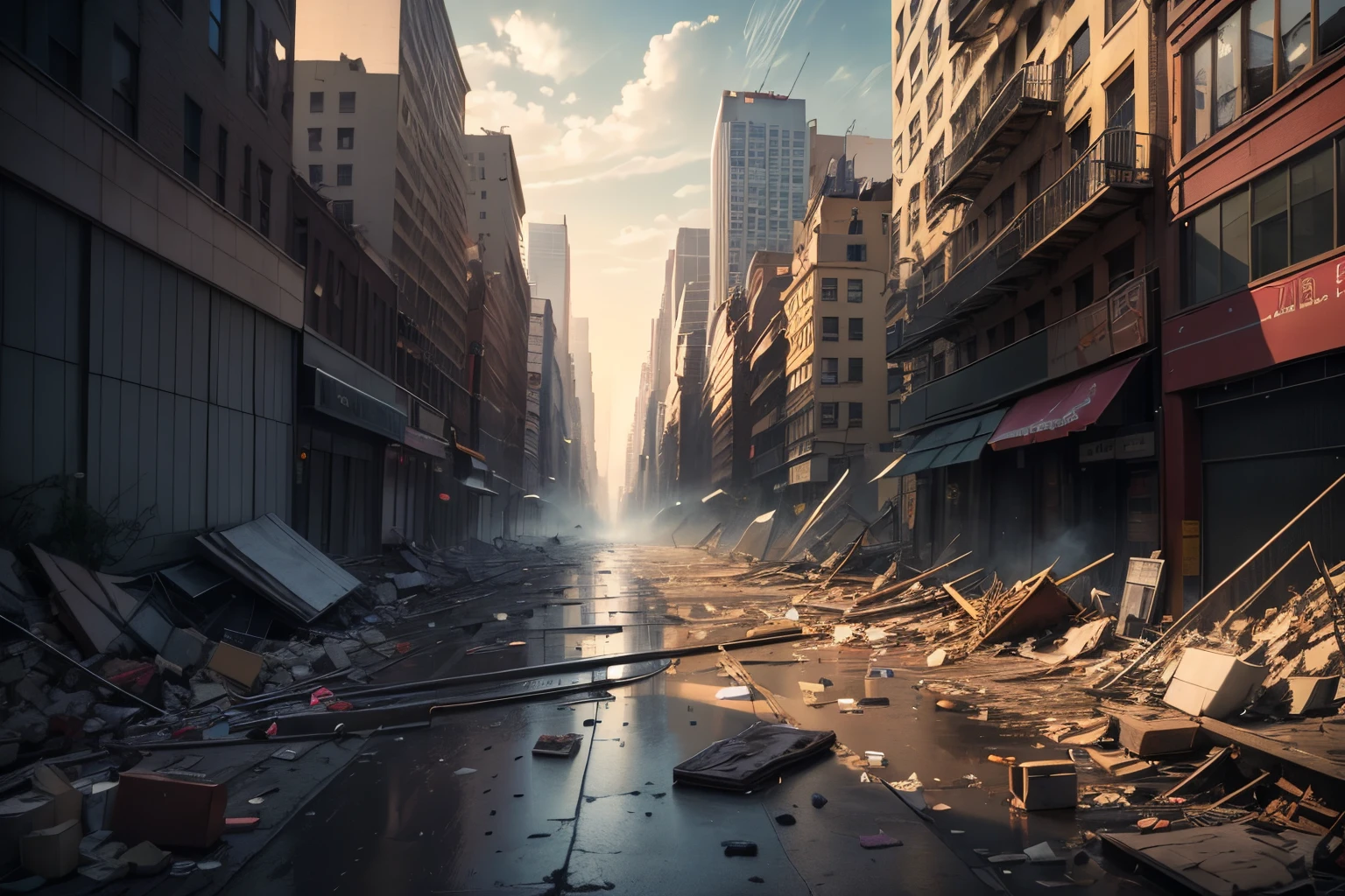 new york streets、Walkway、early evening、Destroyed、the ground is collapsing、the ground is being scraped、building destroyed、end