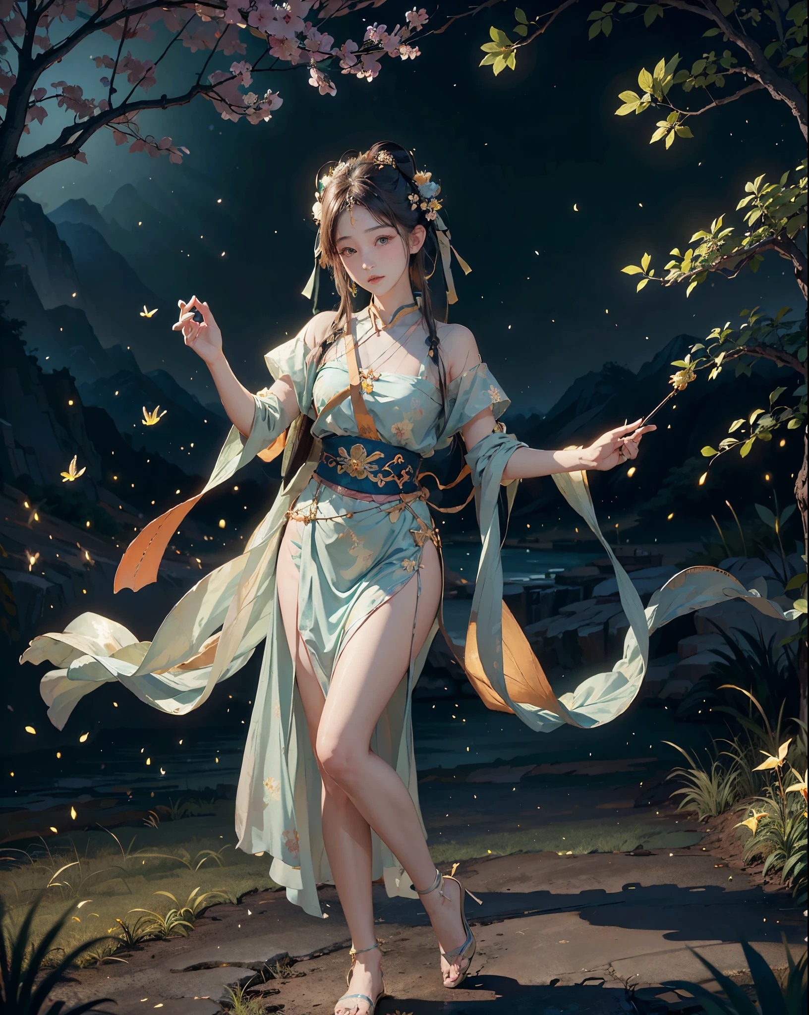 (8k, RAW photo, best quality, masterpiece:1.2), (realistic, photo-realistic:1.4), (extremely detailed CG unity 8k wallpaper), 1 girl solo, dance, dunhuang_dress, dunhuang_style, dunhuang_background, the heavenly garden full of sakura, fireflies,