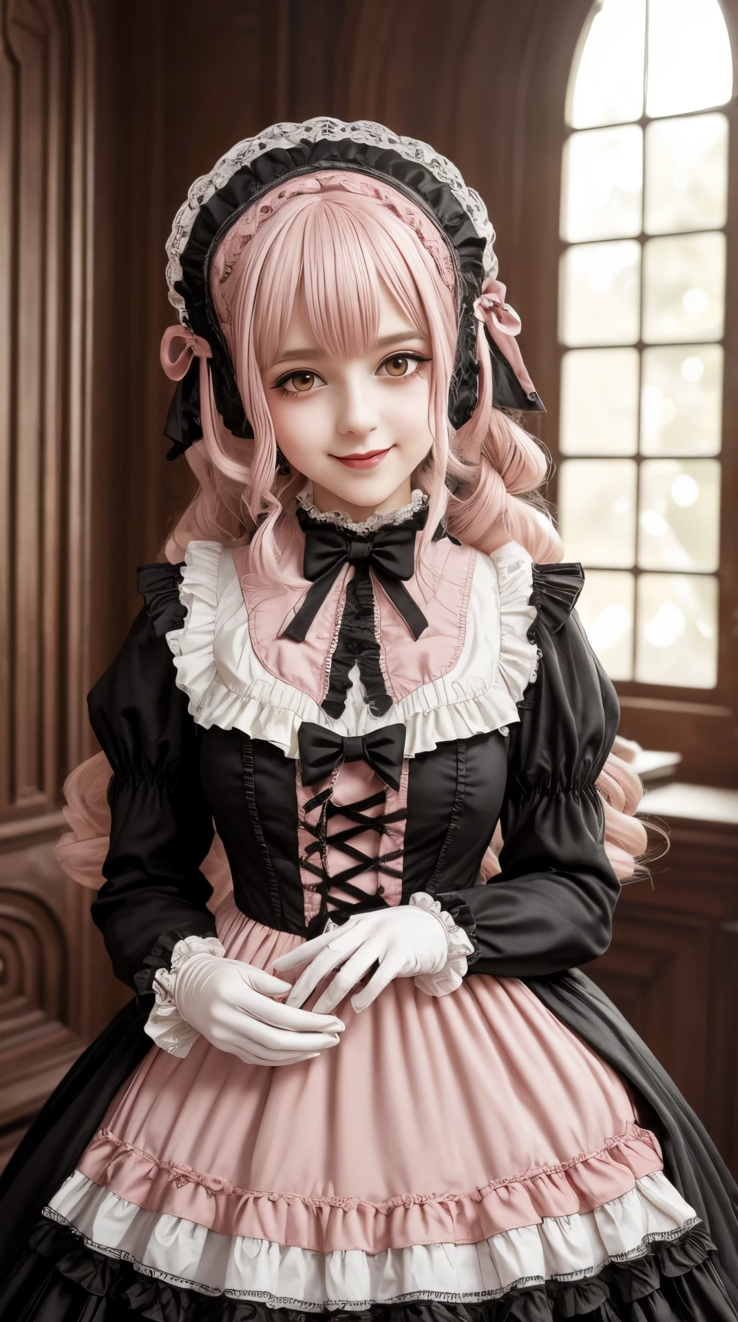 1girl in, Photo, masutepiece, Bedroom Swita ta in Gothic Gothic Interior, Yellow dress fabric, Cheek heart shape, Blush pink makeup, gloves, Smile, pastel color, ornate, Broderry, Hugging a stuffed animal, Bokeh,