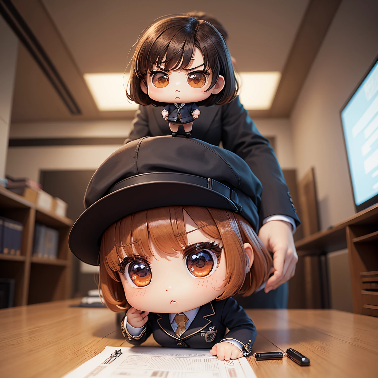 masterpiece、top-quality、ultra-detailliert、(Chibi Chara's Daughter:1.2)、Career Woman、Business suits、Unfold your planner、s Office、serious faces、Standing