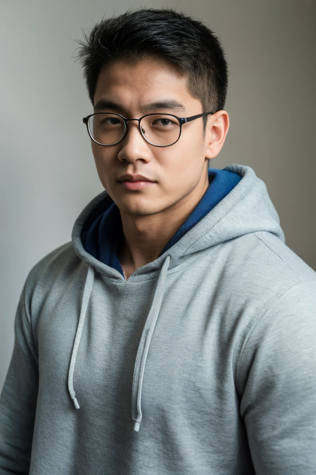 Andrew thomas huang, oval face, eyeglasses, neat muscular, hoodie jacket, jeans