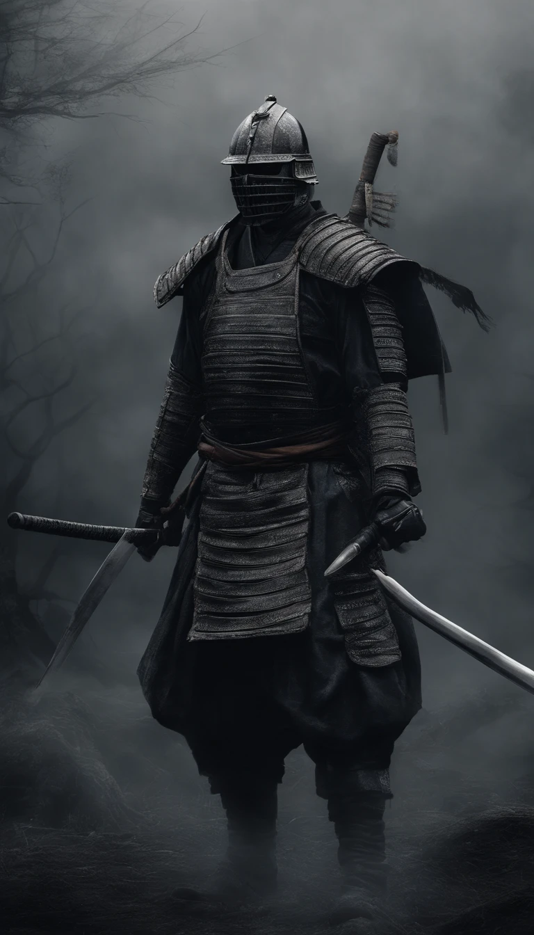 (La mejor calidad,4k,8k,Altas Resoluciones,Obra maestra:1.2),Ultra detallado,realista:1.37,a samurai in the Sengoku period of Japan,wearing full samurai armor,Black samurai mask,holding a sharp samurai sword,the intense feeling of oppression,Ojos rojos brillantes