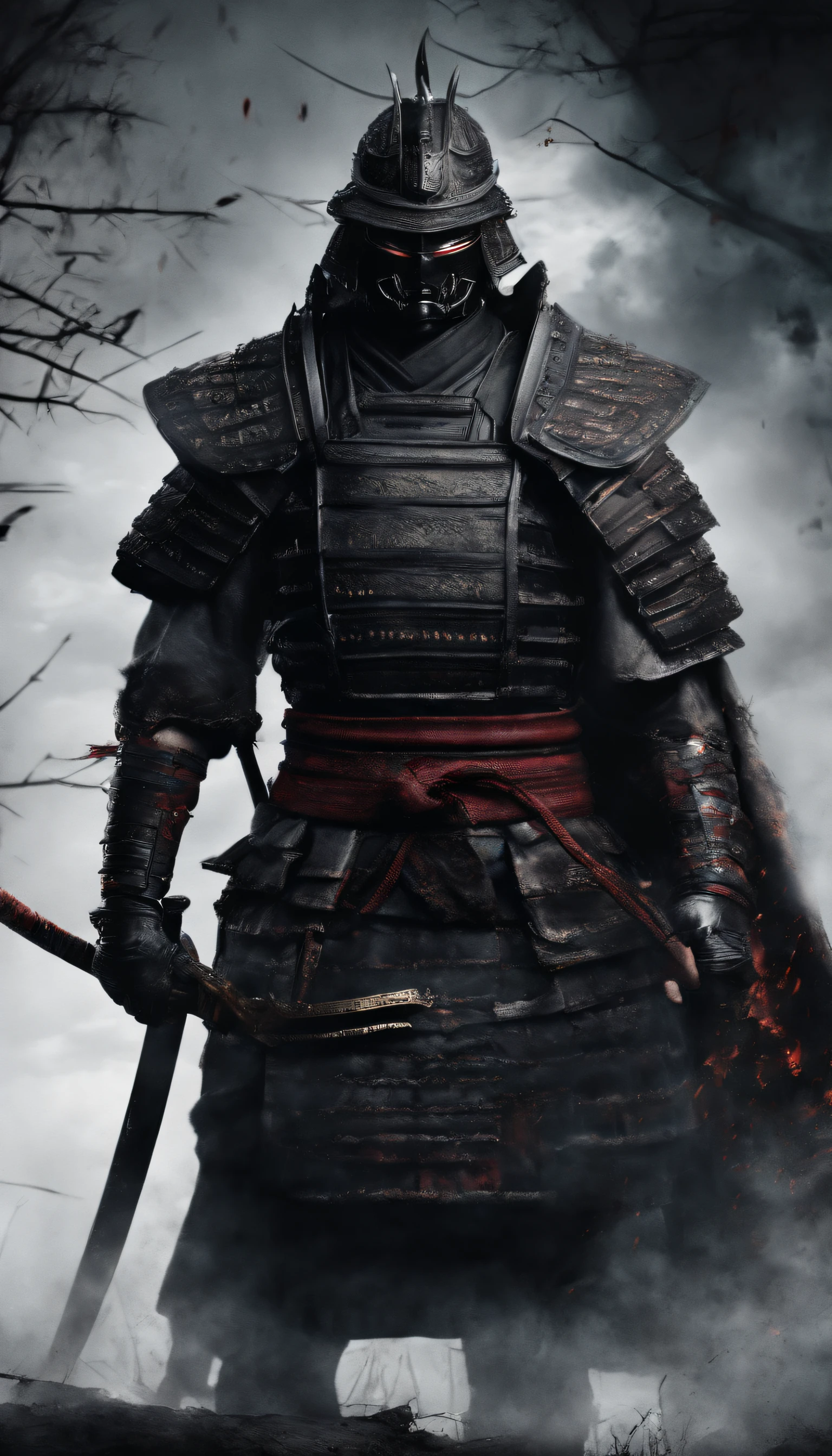 (La mejor calidad,4k,8k,A Highres,Obra maestra:1.2),Ultra-detallado,realista:1.37,Samurai der Sengoku-Zeit Japan,Wears full samurai armor,Black samurai mask,Ein scharfes Katana en la mano,A strong feeling of oppression,Ojos rojos brillantes