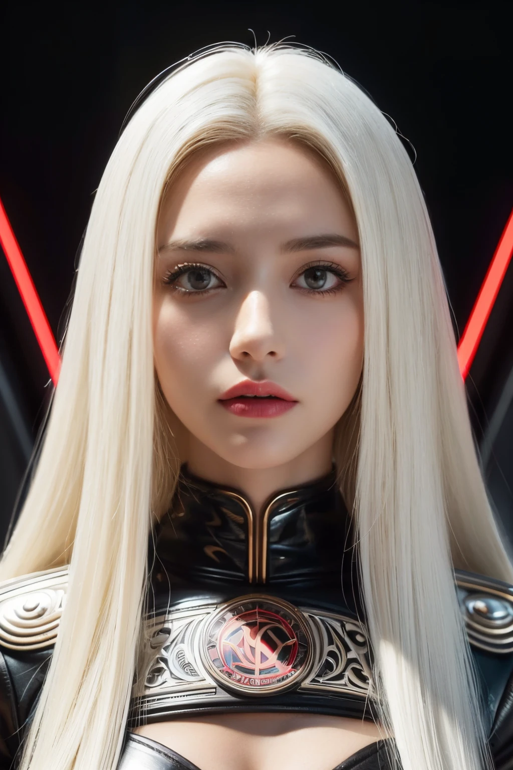 Portrait of a beautiful girl with wavy white hair, wearing a formal black dress with metal parts, red eyes, monograms in the background, digital painting, dark colors, 8k, complex details, vintage, retro futuristic style, sharp focus on the center, pastel colors, art station, (sci-fi, future, future theme), (facial expression looking with disdain), (detailed illustration)