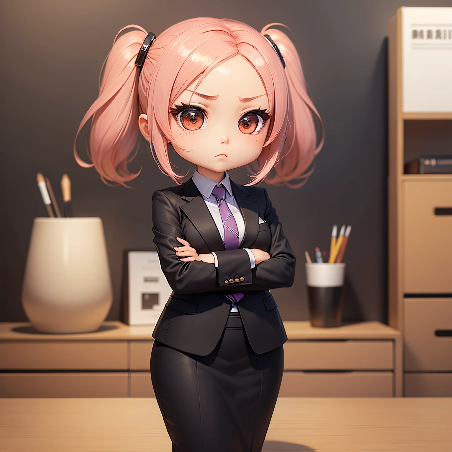 masterpiece、top-quality、ultra-detailliert、(One chibi character girl:1.2)、Career woman wearing a business suit、Unfold your planner、s Office、serious faces、Standing