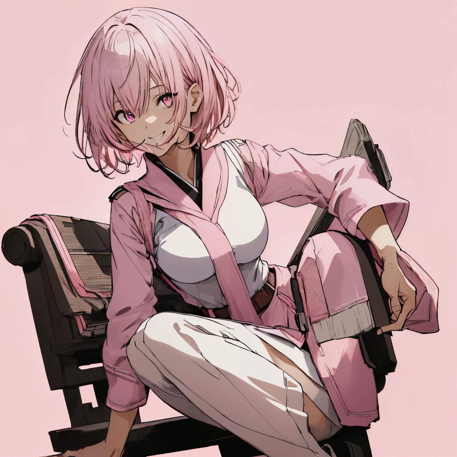 Full body, White one-piece military uniform,(masutepiece:1.2, Best Quality), (finely detailed beautiful eye: 1.2), (beautifull detailed face), High contrast, (Best Illumination, extremely delicate and beautiful), ((Cinematic Light)), Dramatic light, Intricate details,red eyes, large full breasts, Belt under the chest, White sailor suit, White skirt,pale gray hair, (Solid pink background:1.7), Short-cut hair, accurate hands, Look at me and smile,