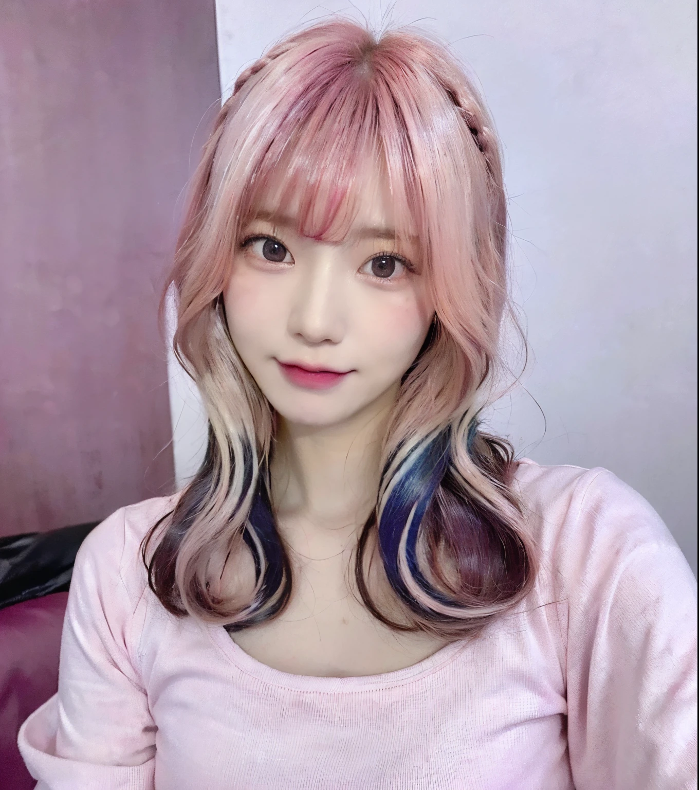 (​masterpiece:1.3)、(8K、Photorealsitic、Raw photography、Top image quality: 1.4)、1 Japan High School Girl、(Random hairstyles:1.2)、(Her hair is dyed a deep pink color:1.8)、(large boob)、Super Detail Face、Eye of Detail、二重まぶた、foco nítido:1.2、prety woman:1.4、top-quality、​masterpiece、超A high resolution、(Photorealsitic:1.4)、very detailed and professional lighting、slender、(A smile)、(Looking at the camera)、(full body Esbian)、Anime Cosplay、Sharp Focus、Clothes are too revealing、erotic pink underwear、Underwear is see-through fabric、