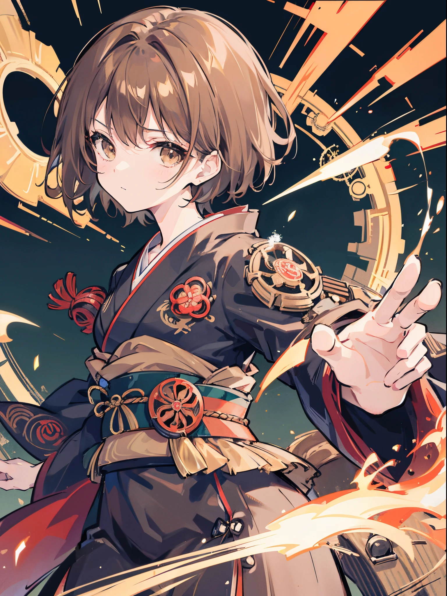 gripping a katana, Japanese style, kimono, Steampunk elements, Gears, Disheveled hair, Light brown hair, Short hair,