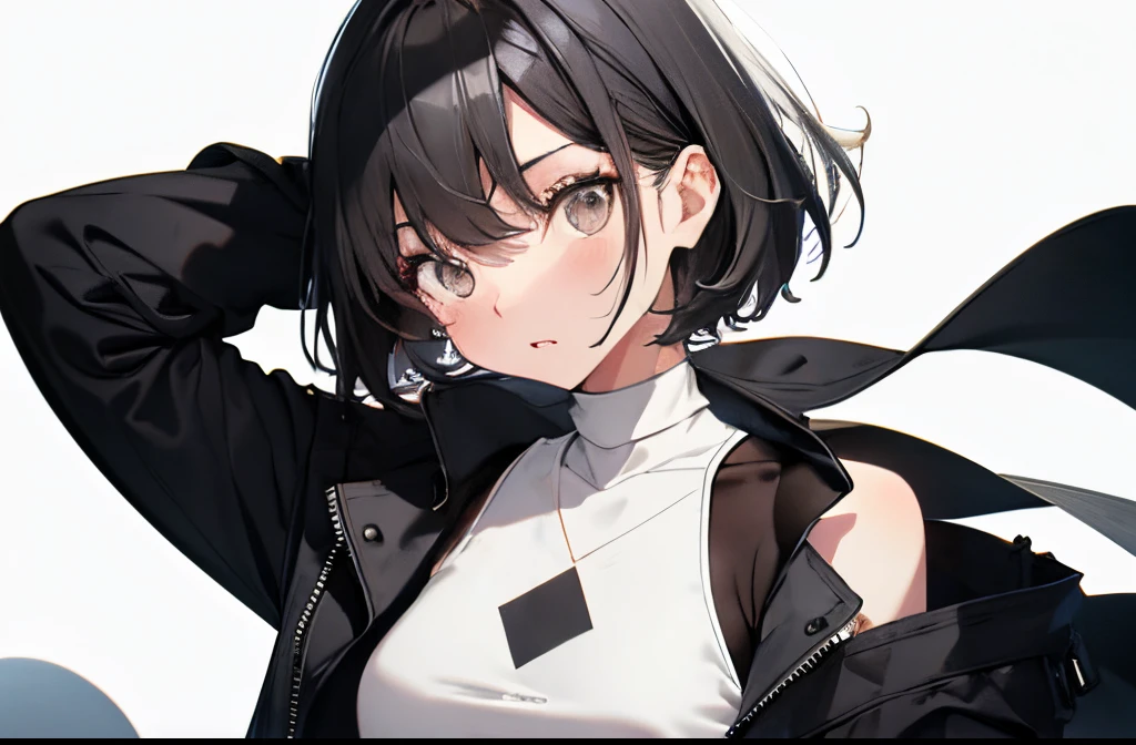 【Highest Quality, masutepiece】 [girl, Manteau, expressioness, brown eyes, front facing, Black hair, Slender beauty,straight haired, Bery short hair ,Upper body] (Gray white background:1.5), Surprised,