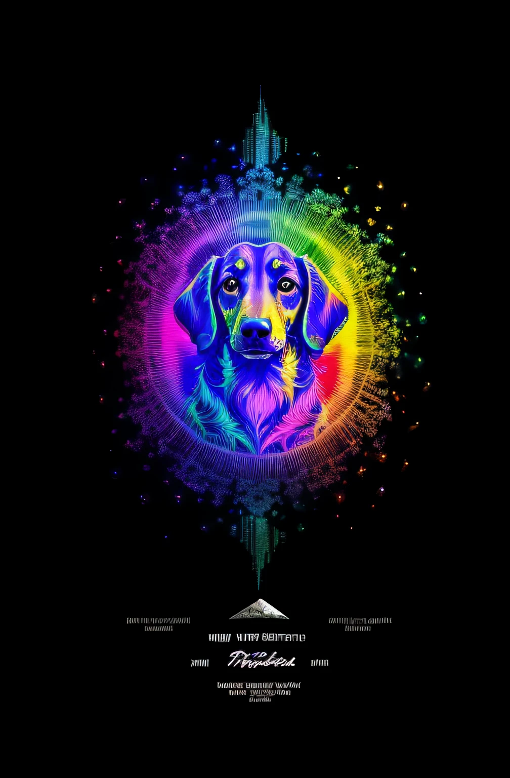hightquality, Beautiful fece,tmasterpiece,0Mib style,T-shirt design,miniature dachshund images,Colorful,Prism chips,graffiti lines,reflected fractal circle,Ink Sputtering,Melted brush strokes,Particle vortex,dramatic lights,