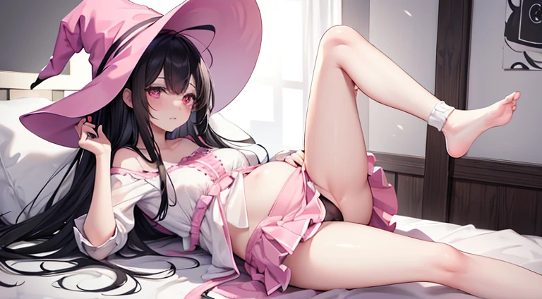 The woman had long black hair down to her waist, wore a cute pink hat, wore pink casual clothes and wore a fairly small skirt with white socks covering her legs up to her thighs. in a pregnant position wearing a witch's dress in bed in a position that has just woken up and shows her genitals which emit a thick white liquid from her genitals