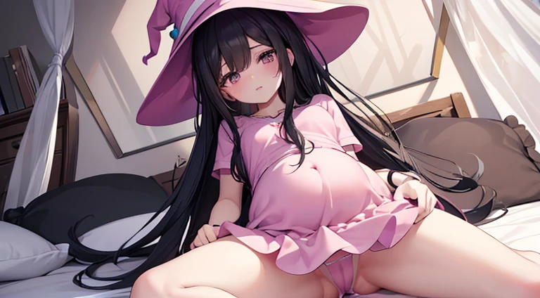 The woman had long black hair down to her waist, wore a cute pink hat, wore pink casual clothes and wore a fairly small skirt with white socks covering her legs up to her thighs. in a pregnant position wearing a witch's dress in bed in a position that has just woken up and shows her genitals which emit a thick white liquid from her genitals