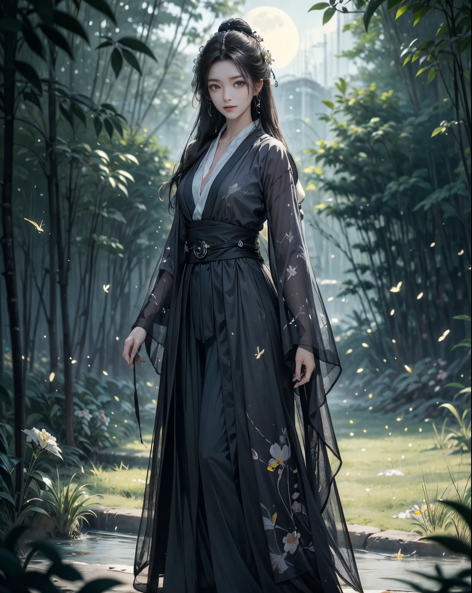 Medium breast, A girl standing against a background of moonlight and a sea of flowers，more elegant and dusty，a person々Let yourself be immersed in this beautiful picture。Her every move is like a beautiful dance.，As if melting into this sea of flowers，Expressing the beauty of ancient style, fireflies