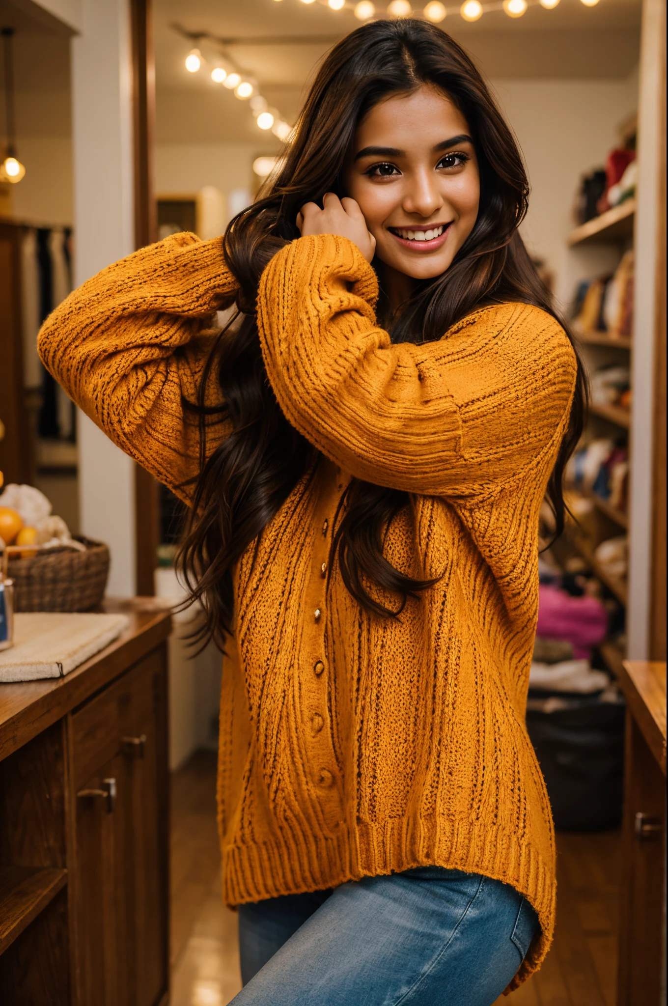 Beautiful ,23 years young girl,confident looking,8k,realistic,dark brown hair,fair skin, indian,long hair,clear facial features,Girl bundled up in oversized vibrant sweater, Twirling while laughing in an oversized sweater   Thrift store