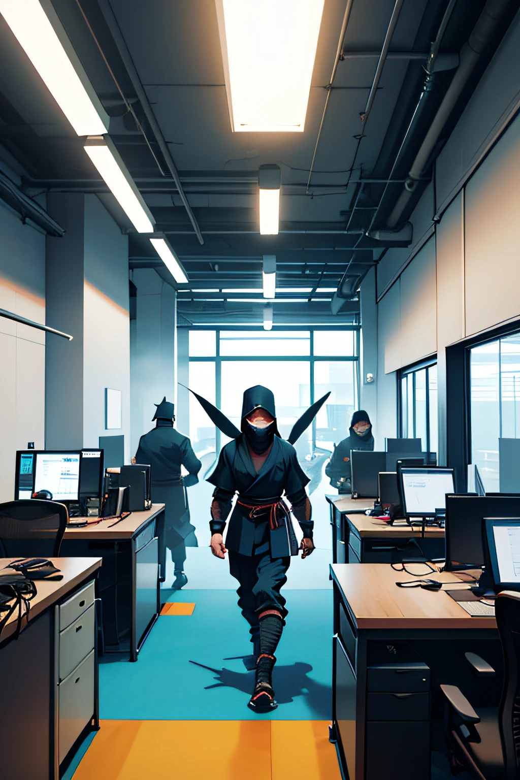 Create an illustration of 3 traditionally garbed Ninja warriors stealthily navigating a deserted modern office.throwing closed laptop it like a shuriken. Maintain a drawing style that blends traditional Ninja elements with the modern office environment in colors blue mint dark in style of horror pop art in office