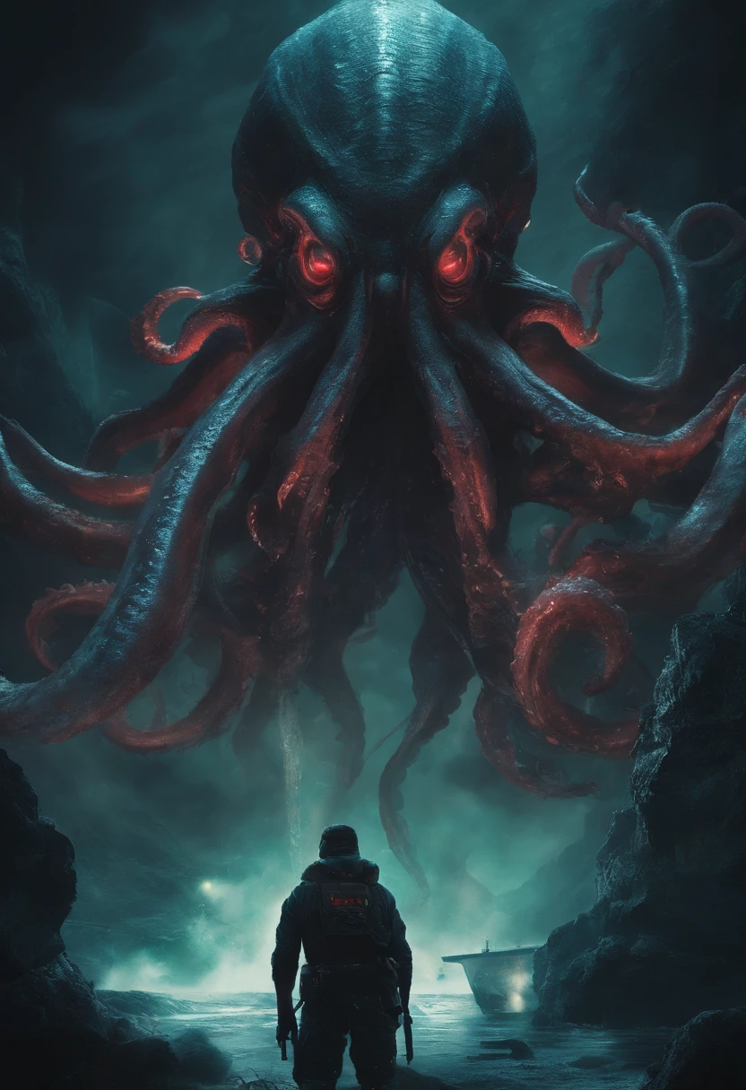Giant octopus monster,Cthulhu in the Cthulhu Mythos,(glowing light eyes:1.5),Open your mouth,tosen,extremly high detail,High chiaroscuro,4K,unreal 5 render,Best quality at best,tmasterpiece,Rendered by Octane,Looking directly at,extremely dangerous,The huge body is shocking,The huge body is hidden in the deep sea,Only part of body exposed,boat on sea,Lots of ships,(Hazy smoke:1.2),Unable to see the whole body clearly,The horror of despair,The atmosphere is oppressive,The scene is very spectacular,Hero holding sword,Fight back bravely,real face
