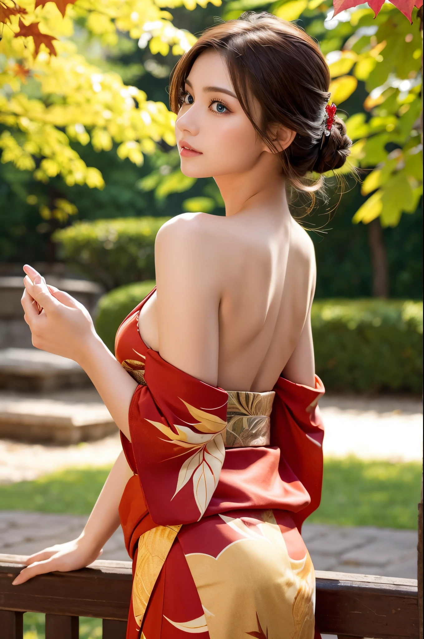 (Bra is visible:1.5)、(Nipples are visible:1.5)、(masutepiece:1.5, Photorealsitic:1.5, 8K), top-quality, masterpiece, 超A high resolution, Professional camera work, Grow Light Effect, Realistic portrait, Cinematic Light, Highly detailed skin and facial texture:1.3, Perfect dynamic composition, The ultra-detailed, A detailed eye, Detailed limbs, autumnal, Autumn leaves landscape in the evening:1.2, 1girl in, Cute sexy 23 year old slim woman, Fair skin, Autumn leaves are dancing:1.2, (Enraptured look:0.9, Totally captivates you:1.0), (Backshots, Calm pose), (Colorful kimono:1.31 off shoulder), (voluptuous breasts:1.5), (Beautiful blue eyes, Eyes that feel beautiful eros:0.85), Sexy face:0.4, (A mouthfeel that feels beautiful eros:0.85), ((Too cute beauty:0.9))、