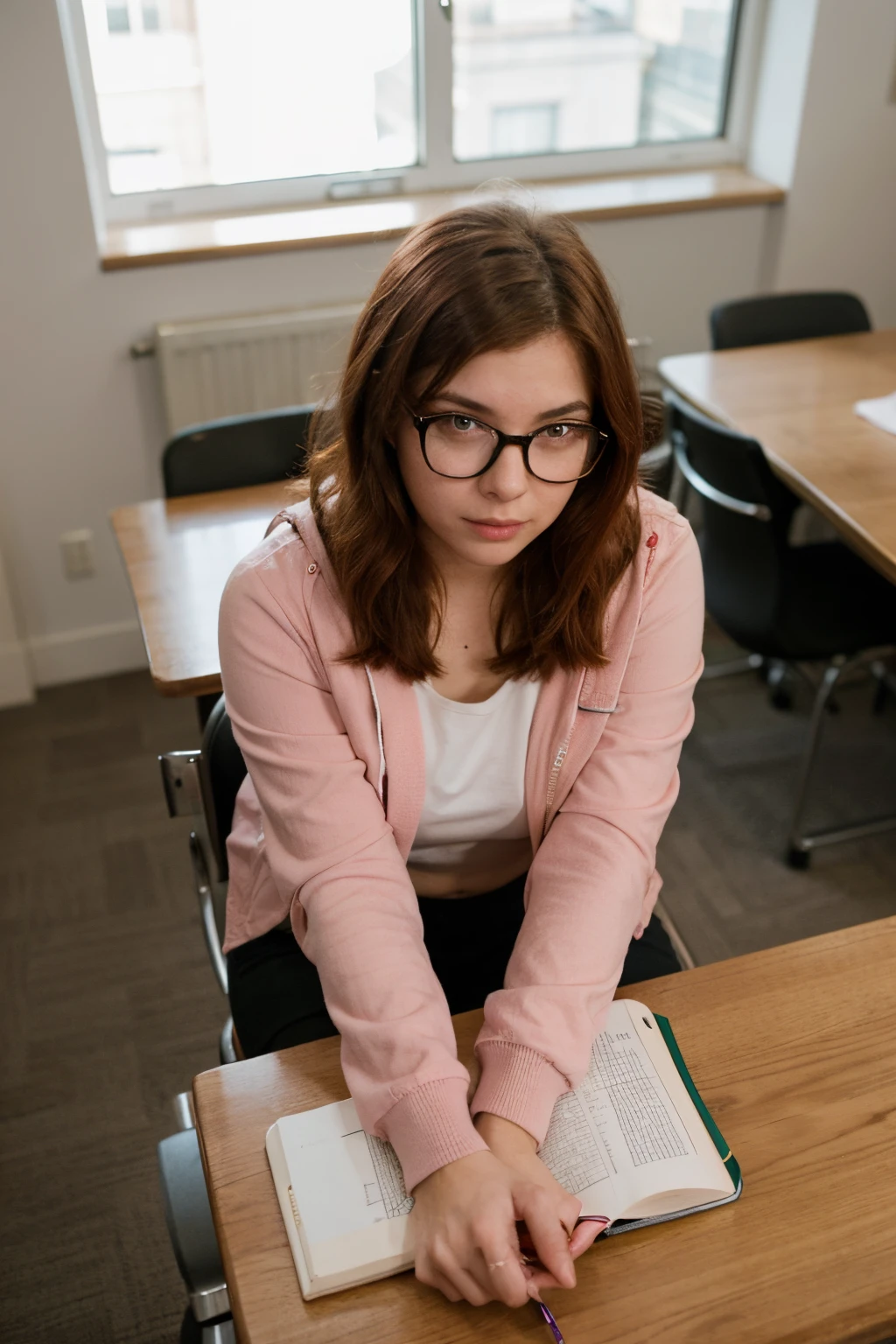 A red haired girl with glasses studies at a library table next to a windows, she wears a pink jacket. viewer perspective looks down on her from above