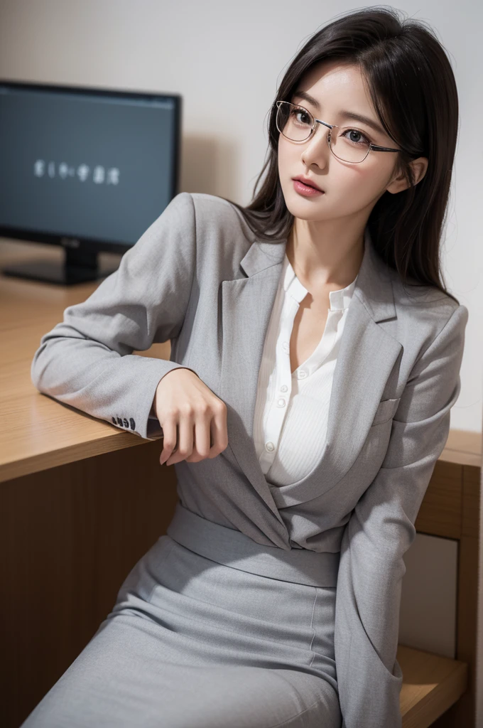 (clear, high-definition image), (job interview, Interviewer's perspective), frontal image of a woman wearing a miniskirt sitting on a chair and looking straight at interviewer, seduce by slightly showing her panties, unbuttoned shirt, spread legs a bit, angle from front below, book shelf, window, suit jacket, tiny earrings, (stylish glasses), 