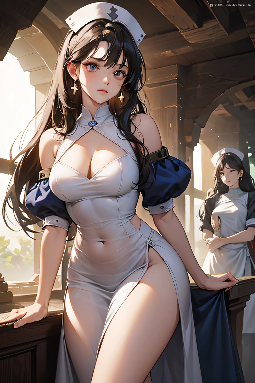 (Photoshop drawing:1) 's (lamplight:1.6), (A high resolution, Best quality), tmasterpiece, 2 girls, (Symmetrical breasts), cave exploration, mediuml breasts, gazing eyes, Unreal Engine5, perfect detail, ultra - detailed, Super refined, Super super super good,(vivd colour:0.25) Long ponytail hairstyle,See-through nurse uniform,Expose your navel,Close-up of the navel,Shoulders bare,Exposing cleavage,does not wear panties,The high slit on one side of the skirt exposes the groin,weeping,Funk,disdainful expression,Girl belly button attacked,evilsmile
