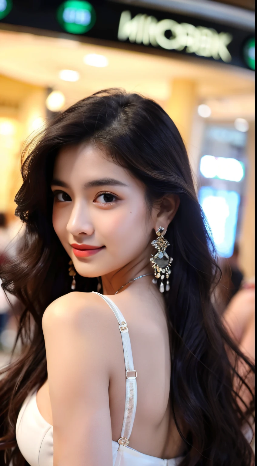 ((best quality)), ((masterpiece)), (detailed), perfect face, teenager 19 year old girl ,surreal, indian girl, (high resolution), (8K), ((extremely detailed)), (best illustration),beautiful detailed round eyes , (best quality), (super detailed), (masterpiece), (detailed face), with small smile , best quality, big breasts ,wearing beautiful sexy traditional designer dress , with beautiful earing , Seductive body ,long black curly hair ,Super chic face detail, Super detailed lips)), ((Detailed eyes , showing head to toe , in the mall ,