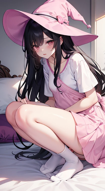 The woman had long black hair down to her waist, wore a cute pink hat, wore pink casual clothes and wore a fairly small skirt with white socks covering her legs up to her thighs. in a pregnant position wearing a witch's dress in bed in a position that has just woken up and shows her genitals which emit a thick white liquid from her genitals