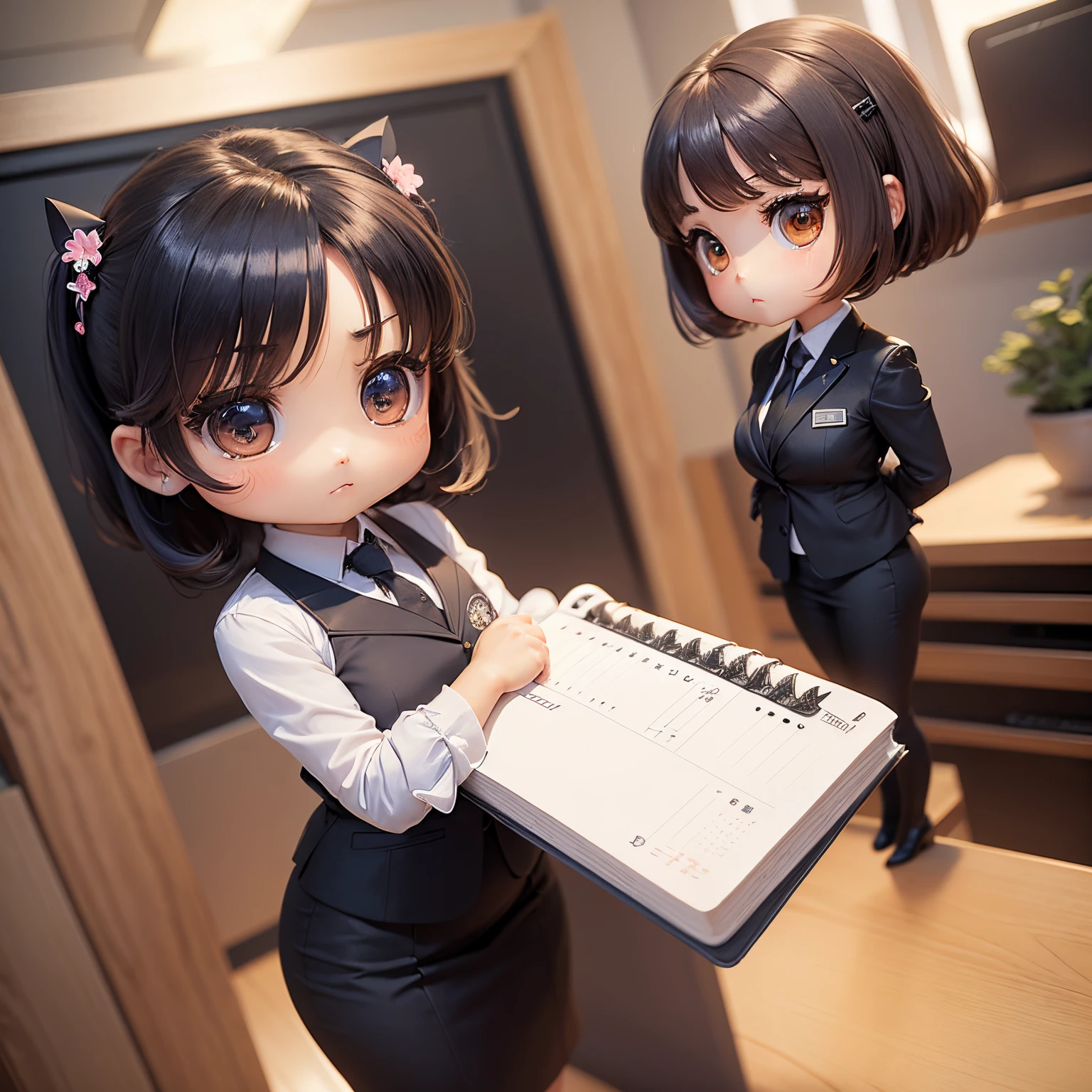 masterpiece、top-quality、ultra-detailliert、(1 chibi character girl:1.27)、One-length hair、Career woman wearing a business suit、(Unfold your planner:1.26)、s Office、serious faces、Standing