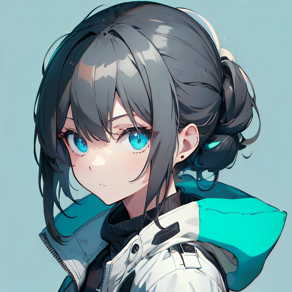 (masutepiece:1.2, Best Quality),  [girl, Manteau, expressioness, Turquoise eyes, front facing, jet-black hair, Jacket comes off, Upper body] (Gray white background:1.7),