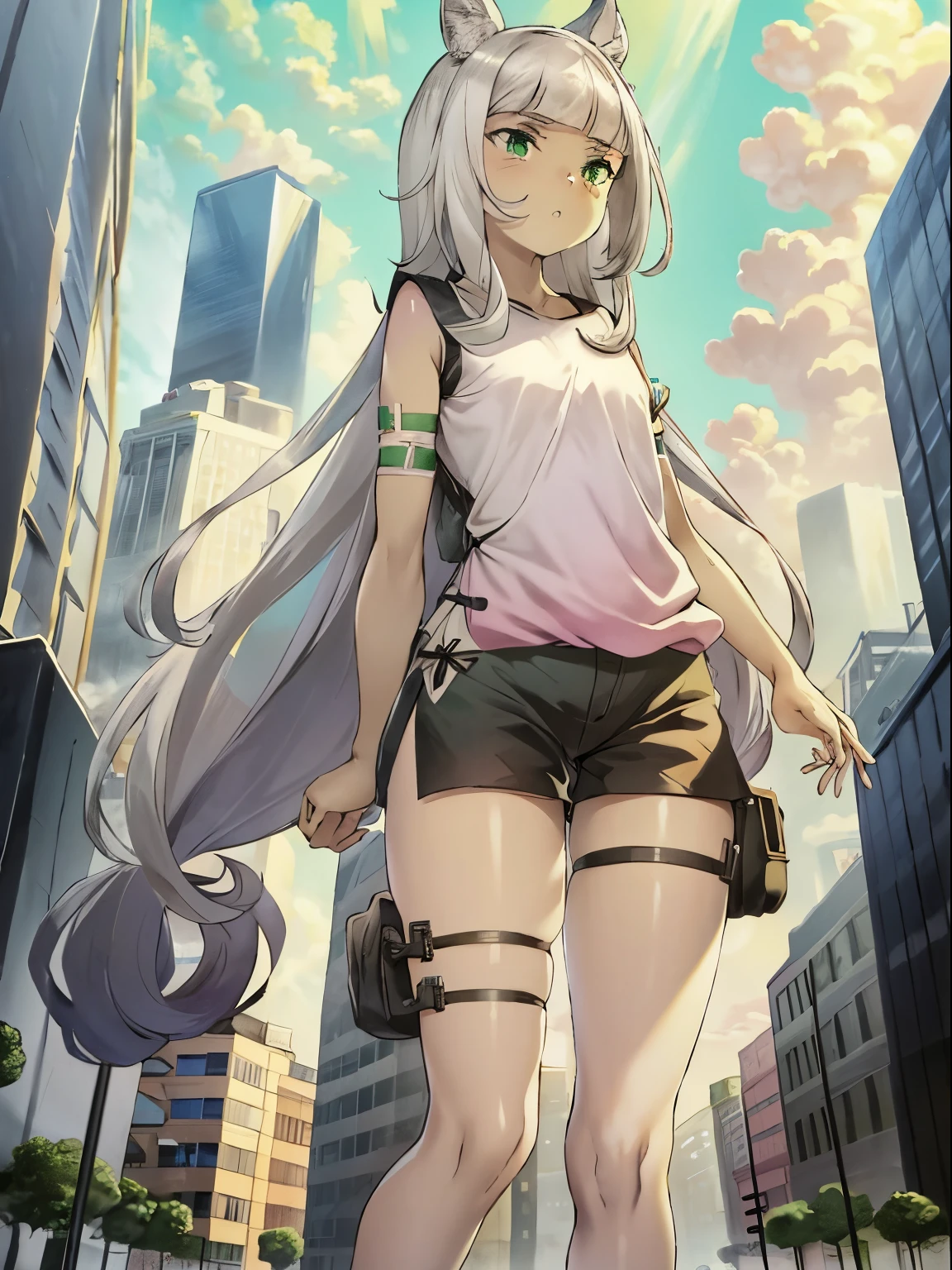 Ochette, 1girl, crowded city, green eyes, giantess, massive, tall, cute, full body picture, buildings, gao, larger than buildings, best quality, pink clothing, buildings nearby, between buildings, taller than skyscrapers, flat ground, standing, ground visible, loose black shorts, adorable, kind, gentle, empty hands, small build, slim, medium legs