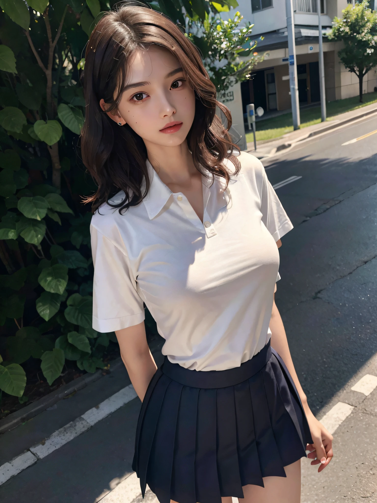 absurderes, Raw photo, Extremely delicate and beautiful, masutepiece, Best Quality, Ultra High Resolution, 16 K, hyper realisitic, Realistic, Photorealistic, Photorealsitic, Ultra-detailed, Perfect Anatomy, super detailed skin, Perfect figure, Very detailed CG 8k wallpaper, in her 20s, Very slim body, Narrow waist, Very small head, Very small face, Delicate facial features, tear moles, Earring, thin legs, (very massive round chest), (Full body shot), Short hair, (Wavy Hair), (light brown hair:1.2), (Wet clothes), (1 rapariga), (School uniform:1.3), Shirt, (jail),