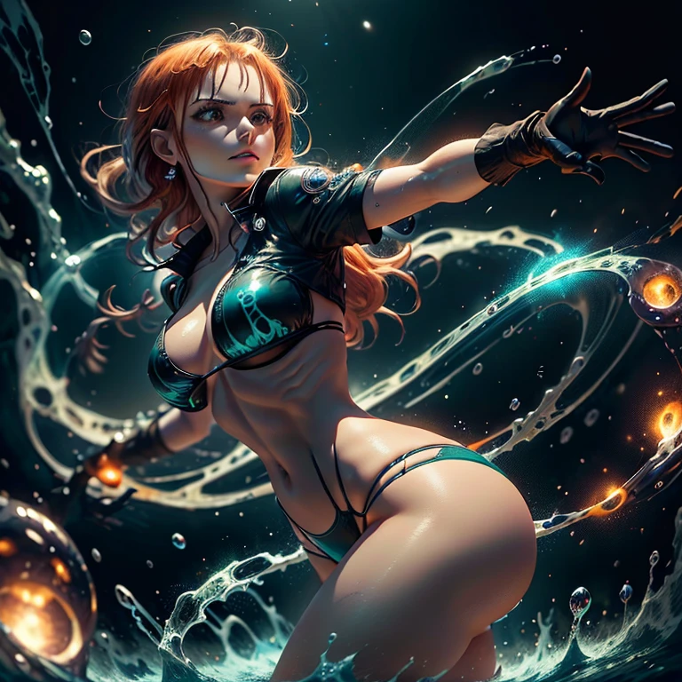 ((nami ONE PIECE))(solo)(Ela tem grandes olhos azuis brilhantes)(glossy and red lips) (((longos cabelos lisos laranja)))(Dark shadows compose)((Seios muito enormes)) (Corpo fino perfeito) ((wear mini bikini and gloves)), (coroa) ((Posando sexy)) (master part, High definition, Volumetric lights and dynamic shadows)((master part))(8k)(rosto perfeito)(ultra detalhes) (perfect hands, olho, e rosto) (Poder STSR) (liga cogumelo)