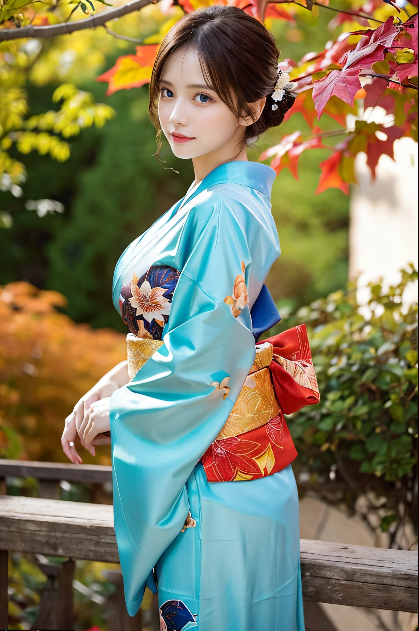 (masutepiece:1.3, Photorealsitic:1.4, 8K), top-quality, masterpiece, 超A high resolution, Perfect dynamic composition, Professional camera work, Grow Light Effect, Realistic portrait, Cinematic Light, Highly detailed skin and facial texture:1.3, The ultra-detailliert, A detailed eye, Detailed limbs, autumnal, Autumn leaves landscape in the evening:1.25, 1girl in, Cute sexy 23 year old slim woman, Fair skin, Autumn leaves are dancing:1.25, (Enraptured look:0.9, Totally captivates you:1.0), (Red kimono:1.31 Only shoulders and scapula exposed), (Backshots, Calm pose), (voluptuous breasts:0.9), (Beautiful blue eyes, Eyes that feel beautiful eros:0.85), Sexy face:0.4, (A mouthfeel that feels beautiful eros:0.85), ((Too cute beauty:0.9))