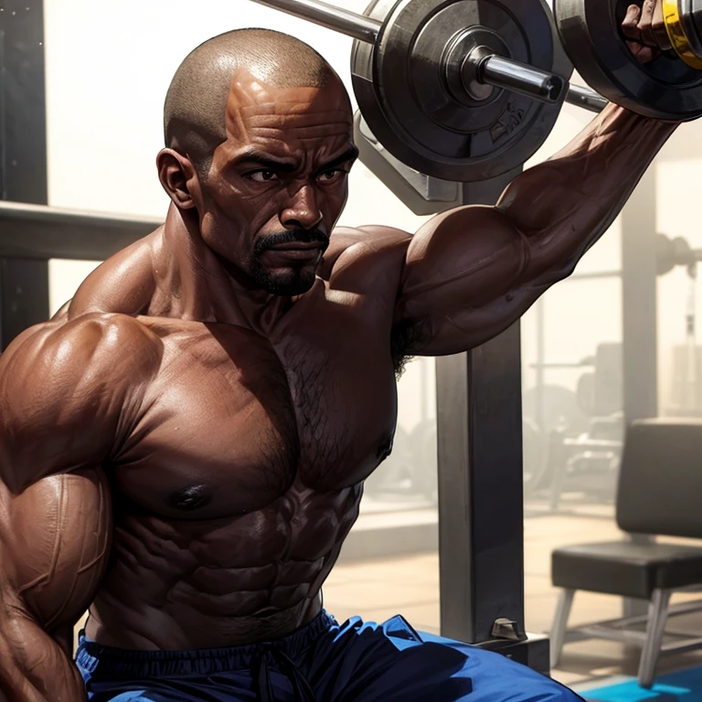 Homen de pele escura um preto careca careca com37 anos africano querreiro tribal ((careca)), Um homem de soco, masculino, Working out intensely in a bodybuilding gym, Well-defined and detailed muscles