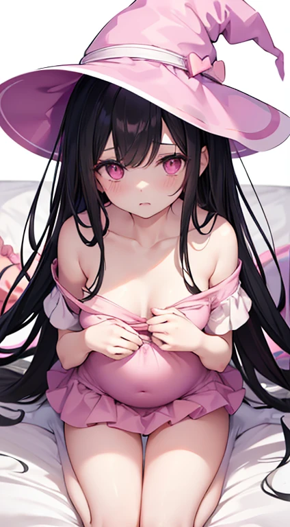 The woman had long black hair down to her waist, wore a cute pink hat, wore pink casual clothes and wore a fairly small skirt with white socks covering her legs up to her thighs. in a pregnant position wearing a witch's dress in bed in a position that has just woken up and shows her genitals which emit a thick white liquid from her genitals