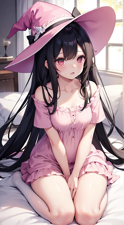 The woman had long black hair down to her waist, wore a cute pink hat, wore pink casual clothes and wore a fairly small skirt with white socks covering her legs up to her thighs. in a pregnant position wearing a witch's dress in bed in a position that has just woken up and shows her genitals which emit a thick white liquid from her genitals