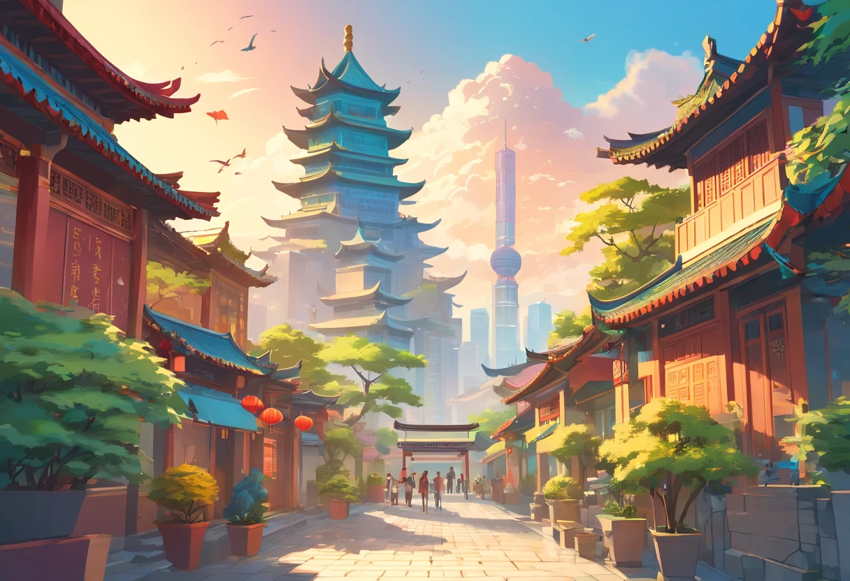 Xi'an Bell Tower,OilPaintStyle,Van Gogh,high detail, UHD, high details, best quality, highres, HD, 16k