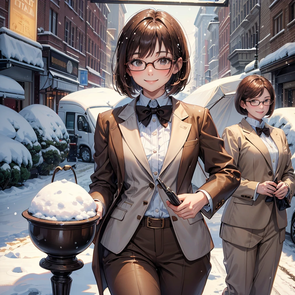 season winter, it's snowing:1.3, (1 brown bob hair girl, glasses, glossy mouth, sexy smile, happy:1.3, in a brown formal suit), masterpiece, beautiful detailed grow.