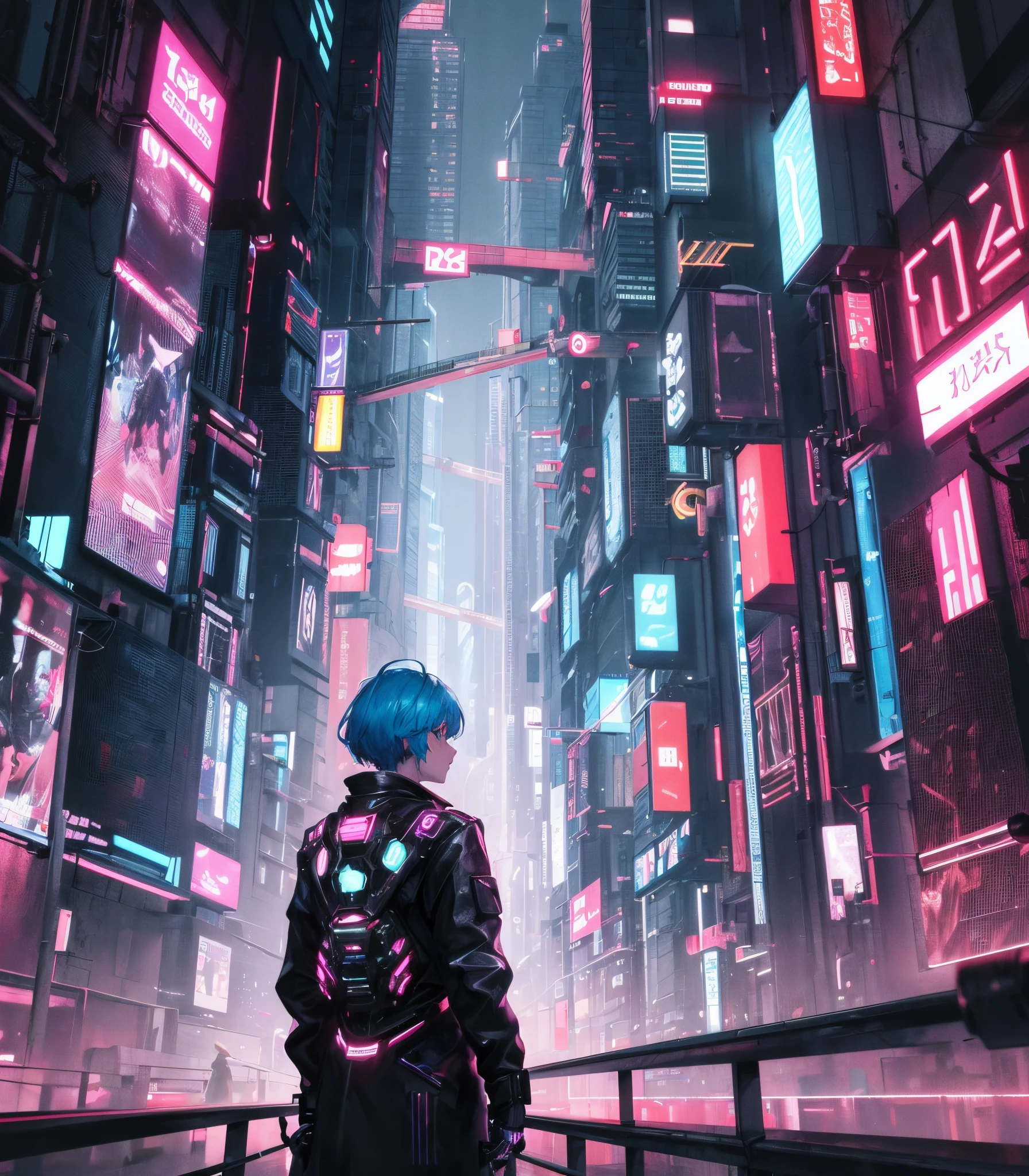 Gerar um futurista, imagem em estilo cyberpunk apresentando uma pessoa de costas para o espectador, contemplating a well-lit urban landscape full of technological skyscrapers. A atmosfera deve ser rica em luzes neon e elementos cyberpunk, capturing a stunning fusion between the organic and the technological. Convey the essence of urban solitude and amazement at the vast futuristic environment
