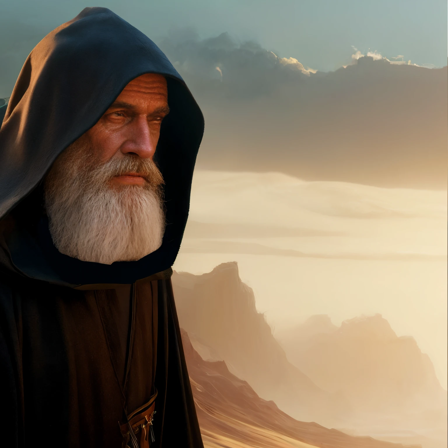 homem arafiado com barba branca e capuz preto, foto de retrato de pintura fosca, wizard hat cinematic lighting, Willem Dafoe como um Lorde Sith, Velho Mestre Jedi, ainda de um filme de fantasia, Beeple e Jean Giraud, Sean Connery como Gandalf, Efeitos visuais impressionantes, holy man looking down at the ground, Directed by: Alexander Kucharsky