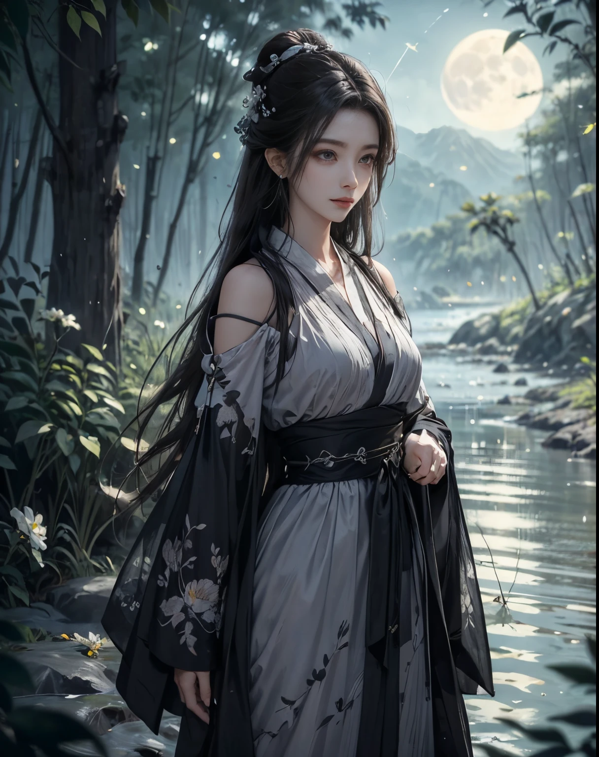 Moon, Medium breast, off shoulder, A girl sit on a rock against a background of moonlight and a sea of flowers，more elegant and dusty，Her every move is like a beautiful dance，As if melting into this sea of flowers，Expressing the beauty of ancient style, fireflies, dark forrest,