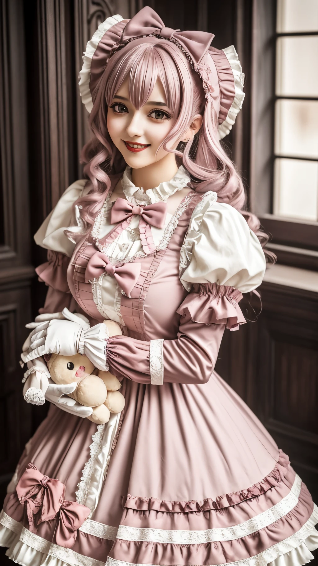 1girl in, Photo, masutepiece, Bedroom Swita Lolita in Gothic Gothic Interior, Cheek heart shape, Blush pink makeup, gloves, Smile, pastel color, ornate, Broderry, Hugging a stuffed animal, Bokeh,