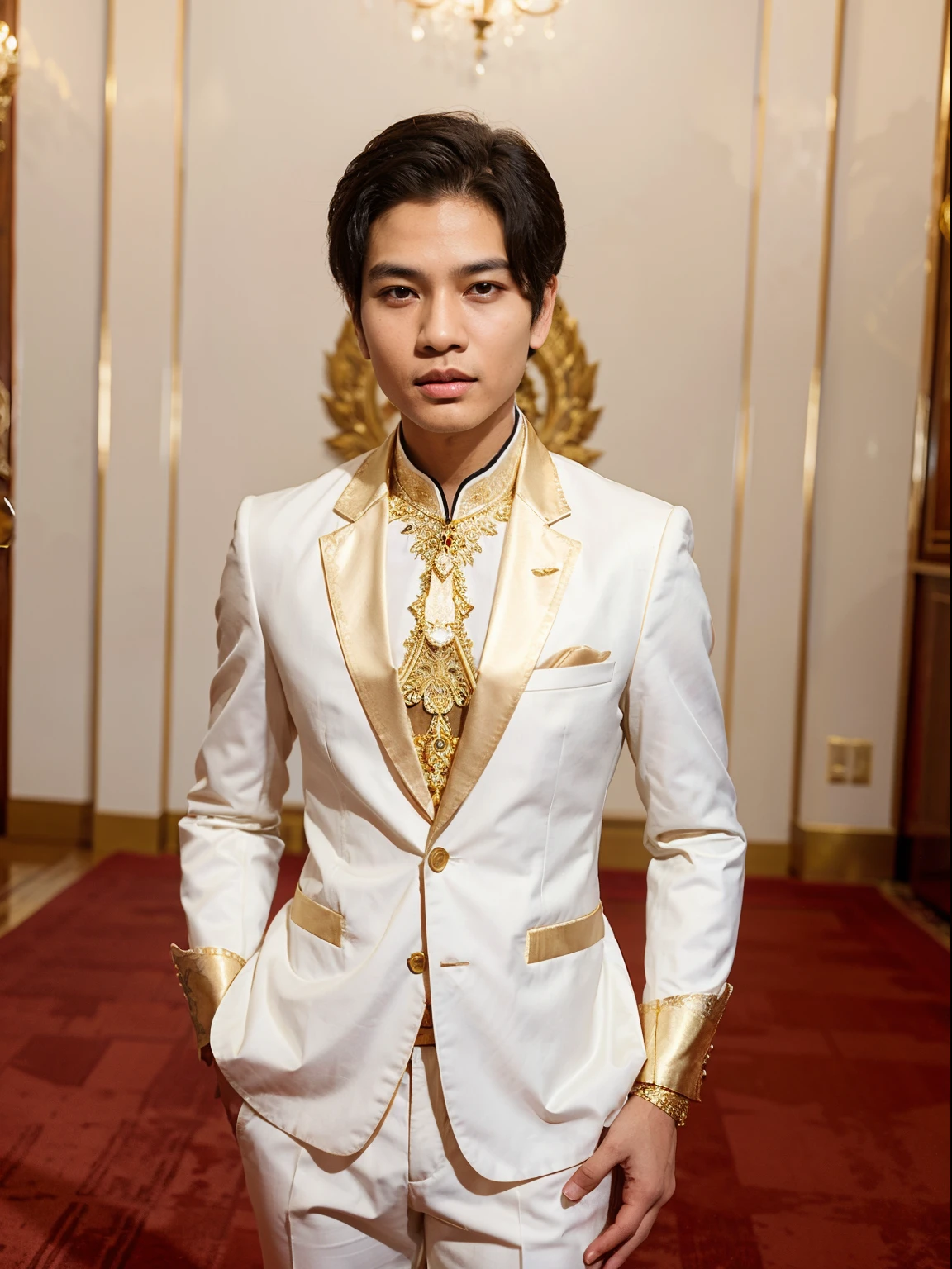 Khmer man with short hair,Khmer children of Chinese descent., a white suit and gold collared shirt, beautiful androgynous prince, mohamed chahin style, wearing an ornate outfit, royal elegant pose, looking regal and classic, delicate androgynous prince, in style of thawan duchanee, sukhothai costume, nivanh chanthara, wearing traditional garb, traditional clothes