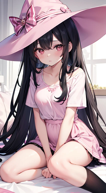 The woman had long black hair down to her waist, wore a cute pink hat, wore pink casual clothes and wore a fairly small skirt with white socks covering her legs up to her thighs. in a pregnant position wearing a witch's dress in bed in a position that has just woken up and shows her genitals which emit a thick white liquid from her genitals