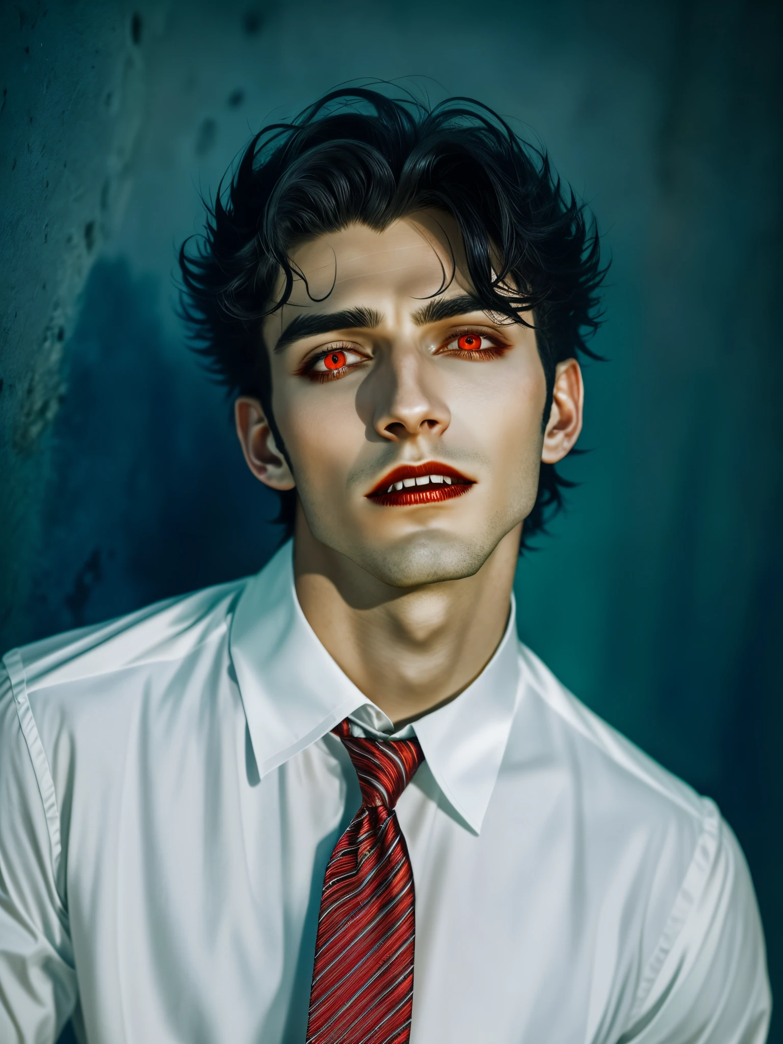 arafed man in a white shirt and red tie posing for a picture, (masterpiece),(vampire),sharp fangs,pointy ears,fangs, (unrivalled quality:1.4), ultra-high resolution,hyperrealistic, dark fantasy portrait, (sharp focus:1.1), photo of a vampire,gothic horror vibes, Guweiz-style art, dark fantasy mixed with realism, gothic aesthetic, gothic art style,HalloweenGlowStyle