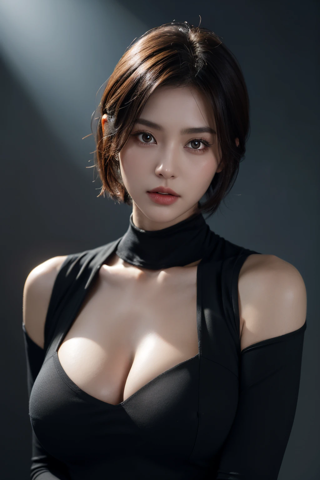 Skin Tight Black Top:1.2, Looking at Viewer, Cinematic lighting, Perfect, softlight, High resolution skin:1.2, Realistic skin texture, Realistic face, off shoulders,Bust B Cup、 Exposed cleavage, Red Eyes, Short hair, dark brown hair、