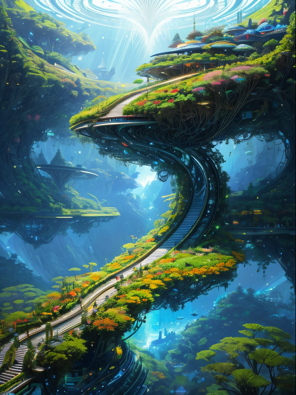 artistic and creative utopian world where humans living in harmony and peace with flora and fauna, an imagination of artificial intelligence and singularity, intricated detailed, maximalist, perfect flowing energy, futuristic, utopian, highly detailed, futurepunk, amazing depth, hyperdetailed masterwork by head of prompt engineering