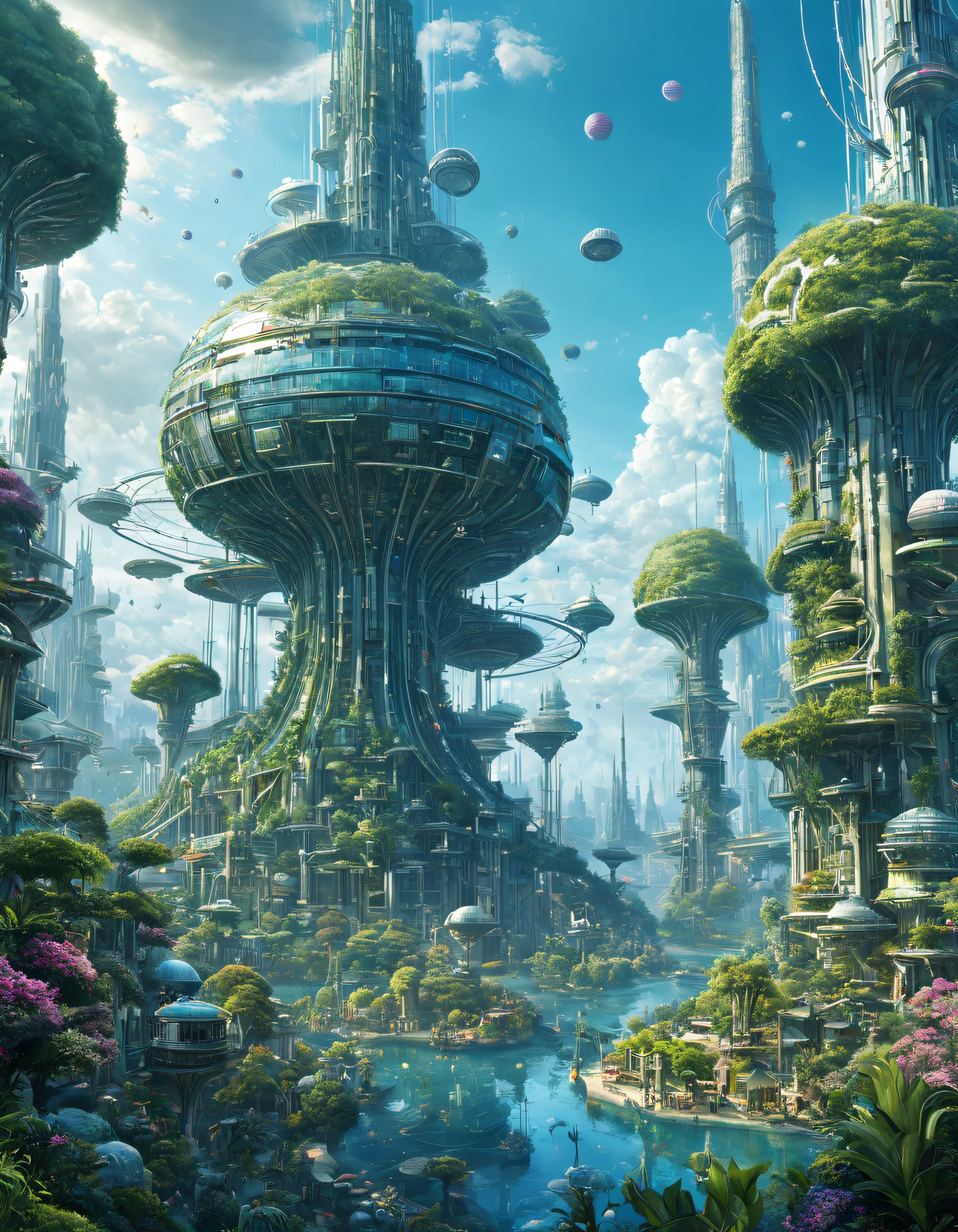 A utopian world of art and creativity，Humans, animals and plants live in harmony, Artificial Intelligence and the Imagination of the Singularity, Intricately detailed, maximalist, Perfect flow of energy, A futuristic, Utopian, The is very detailed, Future punk, amazing depth, A hyper-detailed masterpiece from a real-time engineering supervisor