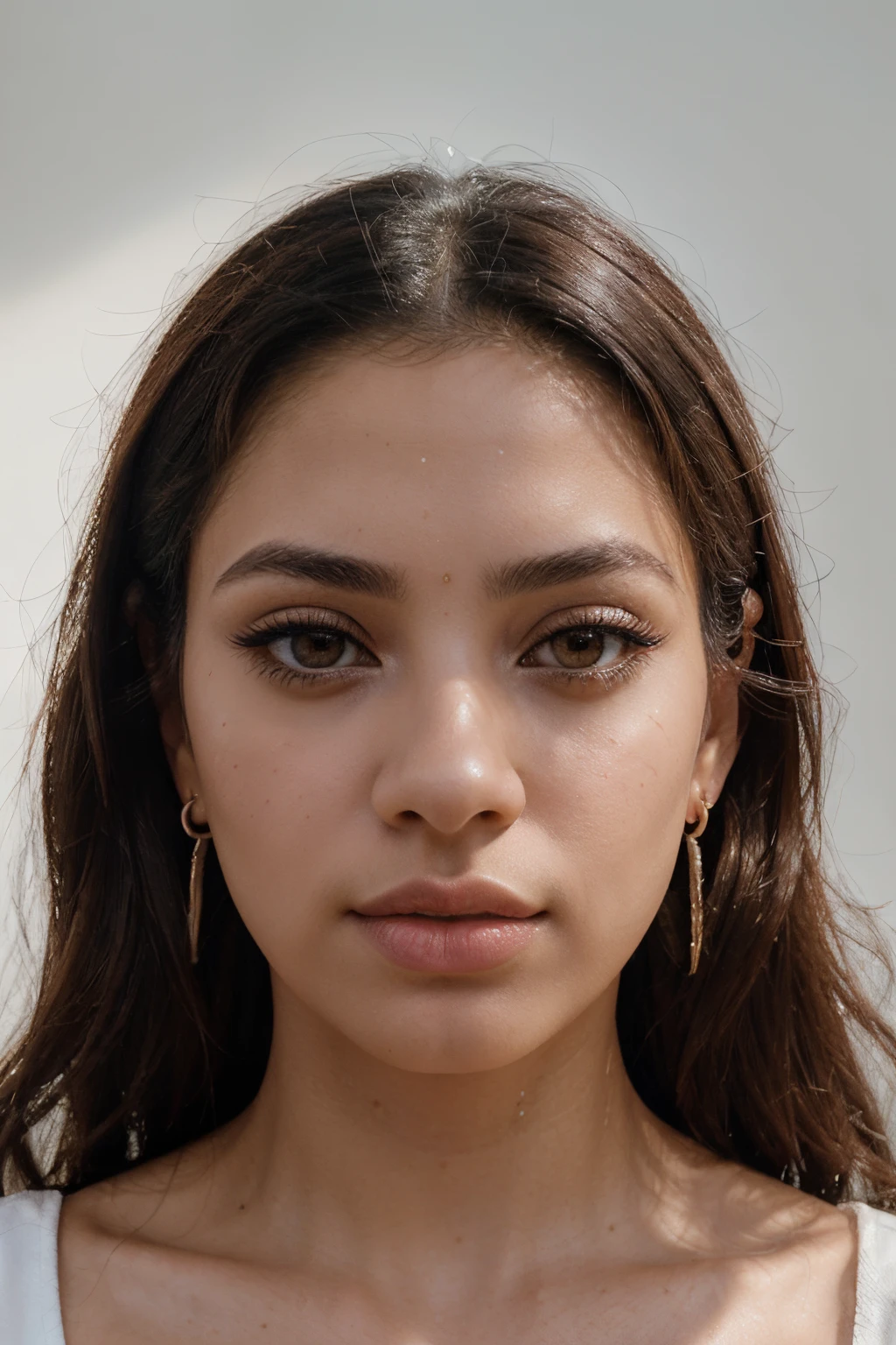 ((Professional Self Portrait of Latina woman)), pursed lips, perfect flawless light skin, beautiful headshot, white backdrop, thin lips, thin eyes, thin eyebrows, thin nose, earrings, long eyelashes, (red eyeshadow and makeup), 4k, intricately maximalist-details, extremely detailed, backlit, romantic lighting, epic, smooth, vibrant, looking at camera, facing camera