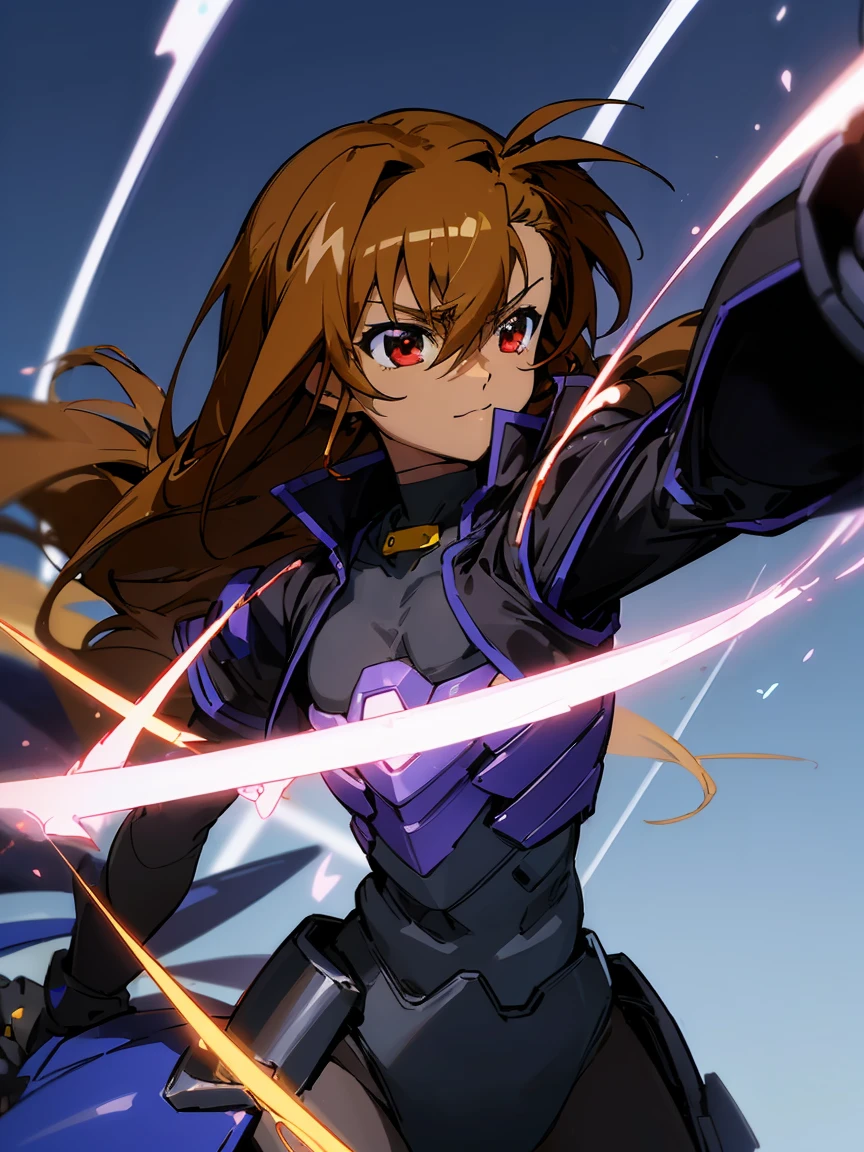 (((Dark skin))),otokonoko, cute,(1 beautiful boy) long dark brown hair, red eyes, (flat chested) wearing (Magical Girl Lyrical Nanoha StrikerS: Vivio Takamachi black barrier jacket black armoured bodysuit outfit), blue amd black armoured gauntlets, cute smile, close up, bright blue sky background,